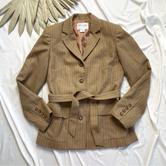 Oscar De La Renta 100% Wool Tie Front Neutral Beige Cream Belted Blazer Jacket - Picture 2 of 7